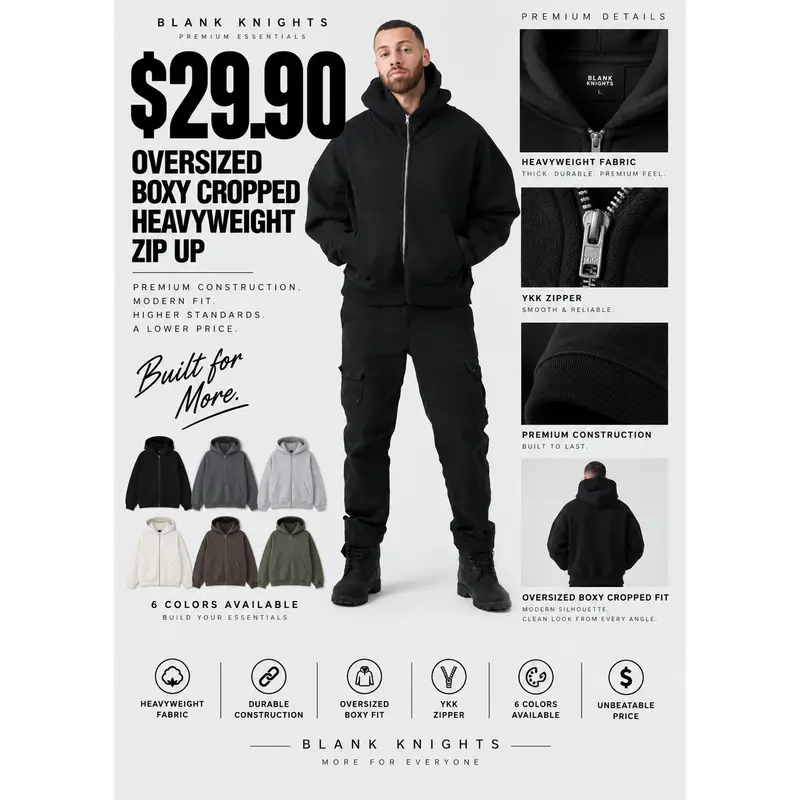 14 OZ Oversized Boxy Cropped Heavyweight Full-Zip Sweatshirt