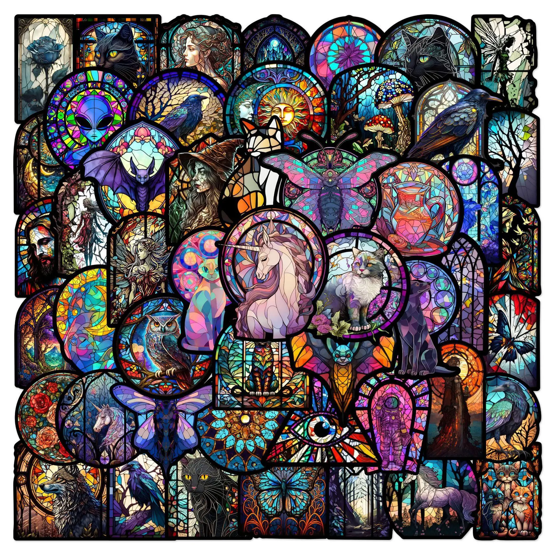 50pcs Vintage Gothic Stained Glass Stickers Church Art Glass Graffiti for DIY Luggage Laptop Motorcycle Bicycle Decal for Cars, Automobile Decals, Vehicle Decoration, Automotive Decoration