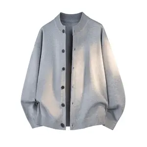Women's Baggy Knit Cardigan - Minimalist Stand-Collar, Long-Sleeve, Button-Down Basic Style Knitwear Piece for Office Wear