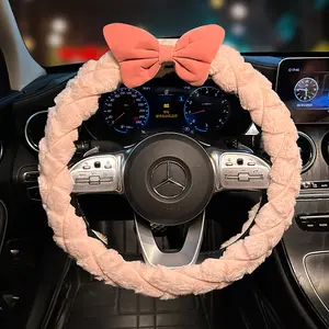 Steering Wheel Cover Plush For Winter Women Anti Slip Warm Handlebar Cover Cute Pink Bowknot Interior Accessories Auto Supplier