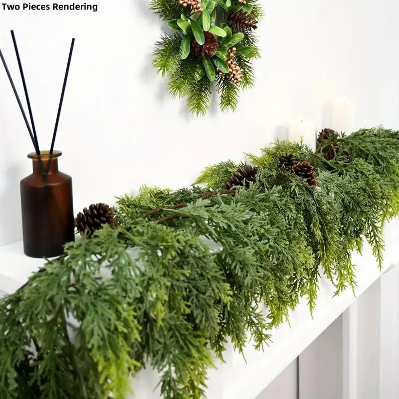 Artificial cedar vine, a classic holiday decoration that adds festive cheer to Christmas. Suitable for indoor and outdoor spaces like stairs, fireplaces, and patios.