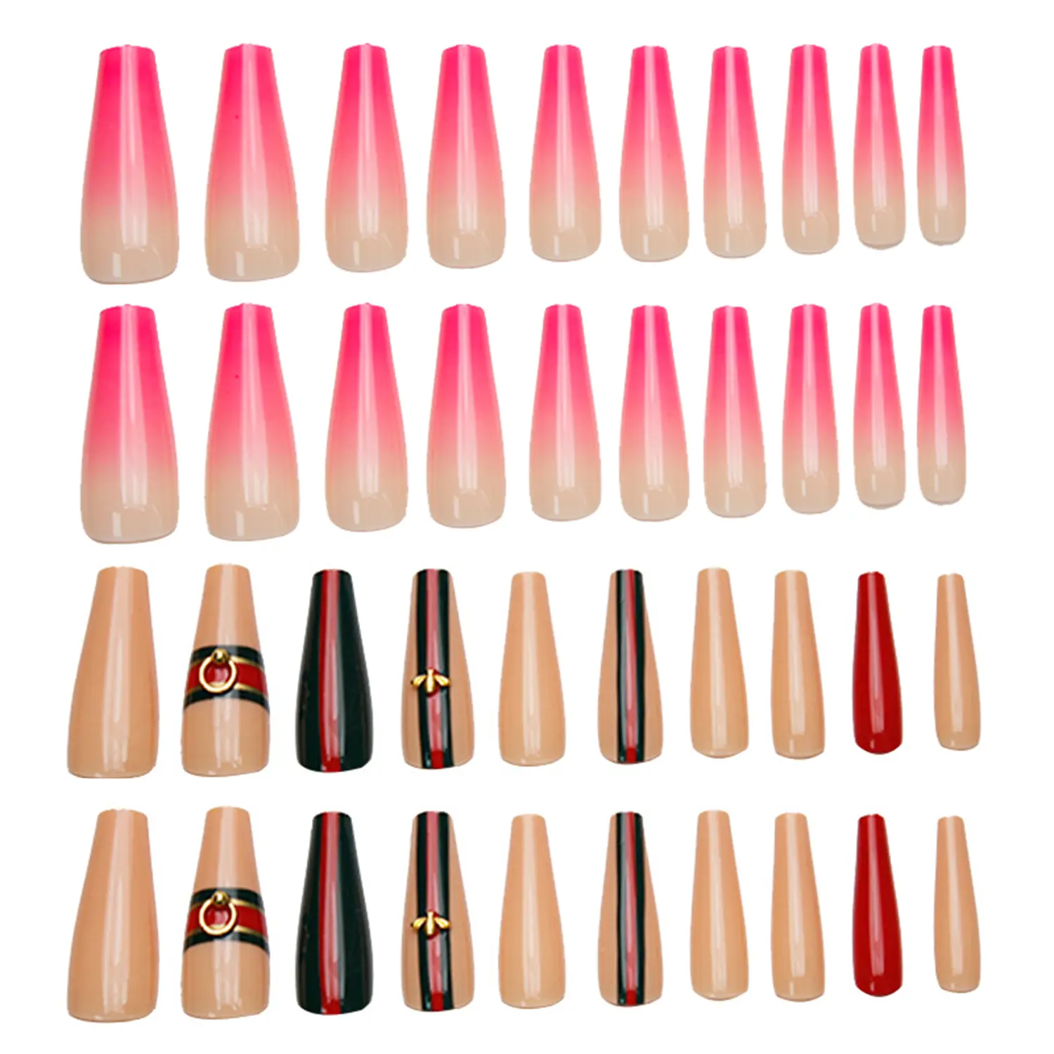 Allkem Pink Ombre and Bee Stripe Extra Long Ballerina Bundle Press on Nails | Glossy Extra Long Coffin| 10 sizes - 20 pcs Nail kit with Glue