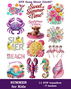 Youth Rhinestone Summer DTF Gang Sheet for Kids: 11 Ready To Press Transfers - 23x30, Full-Color Printing, Same/Next Day Shipping Faux Yarn Gansheet