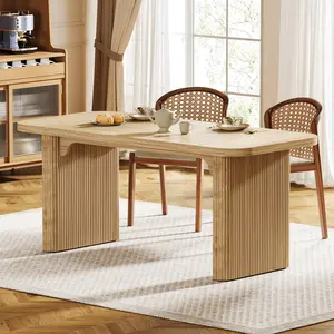 Tribesigns Farmhouse Dining Table for 4-6 People, 62-Inch Modern Kitchen Table with Double Robust Pedestal, Long Rectangular Wooden Dinner Table for Dining Room (Only Table) (Natural)