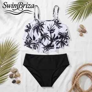 Briza｜Girls Tankini Swimsuit Set White Black Palm Print High Waisted Two Piece Bathing Suit Bikini Set Beach Vacation Swimwear, Girls Swimwear, Kids Bathing Suit, for Girls Kids Beach Pool Summer Vacation Resort Swimwear, Resort Swimwear Beachwear