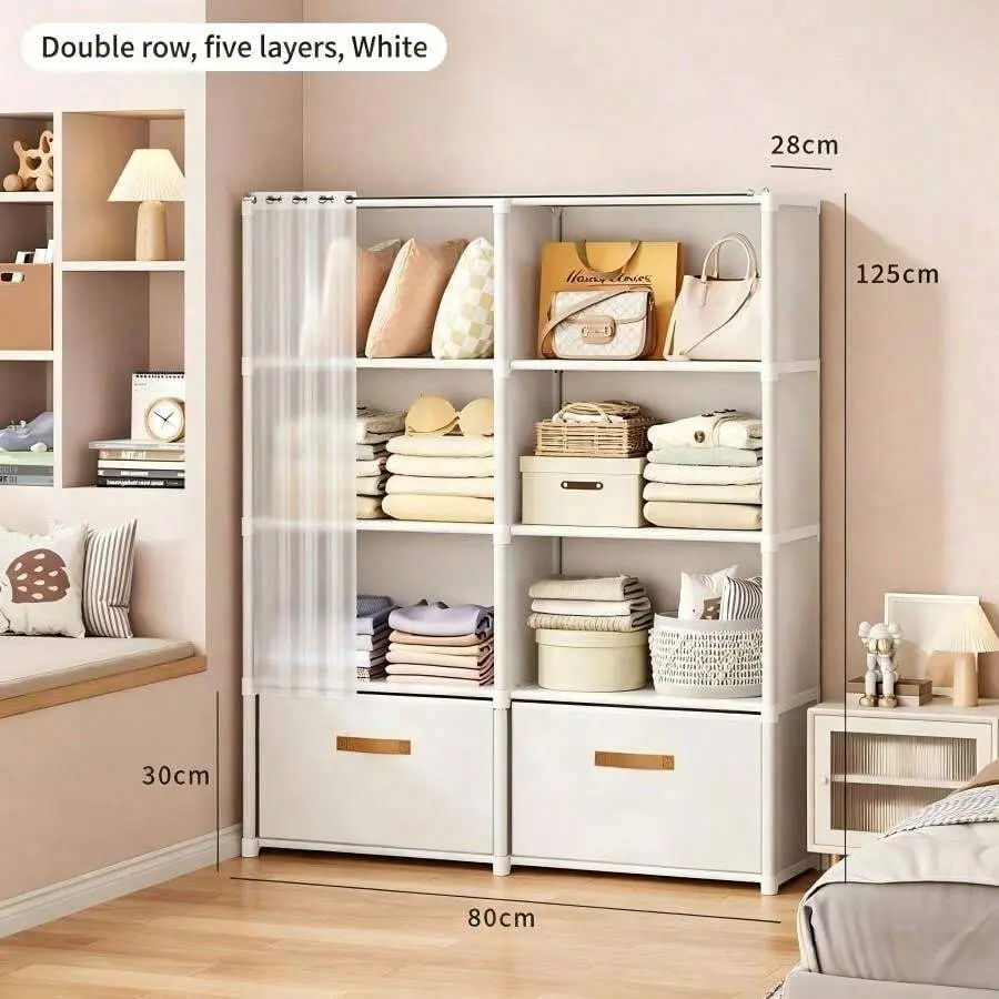 Slim Vertical Double Row 5-Tier Freestanding Closet With Dual Fabric Drawers, Portable Storage Shelf To Create Neat Tidy Living Space