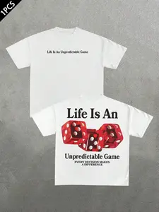 Men's Casual Loose-Fit Graphic Print T-Shirt, Fitted Design, All-Season Wear, Fun Dice Text Pattern, Unisex Street Style, Streetwear, Menswear Tops