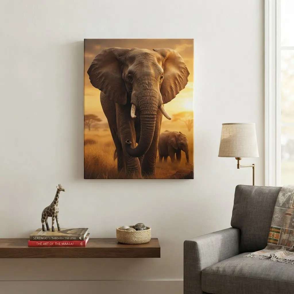 African Elephant Family Canvas Painting, Spruce Wood Inner-Framed Wildlife Artwork, Savanna Sunset Home Decoration for Living Room, Artistic, Landscape