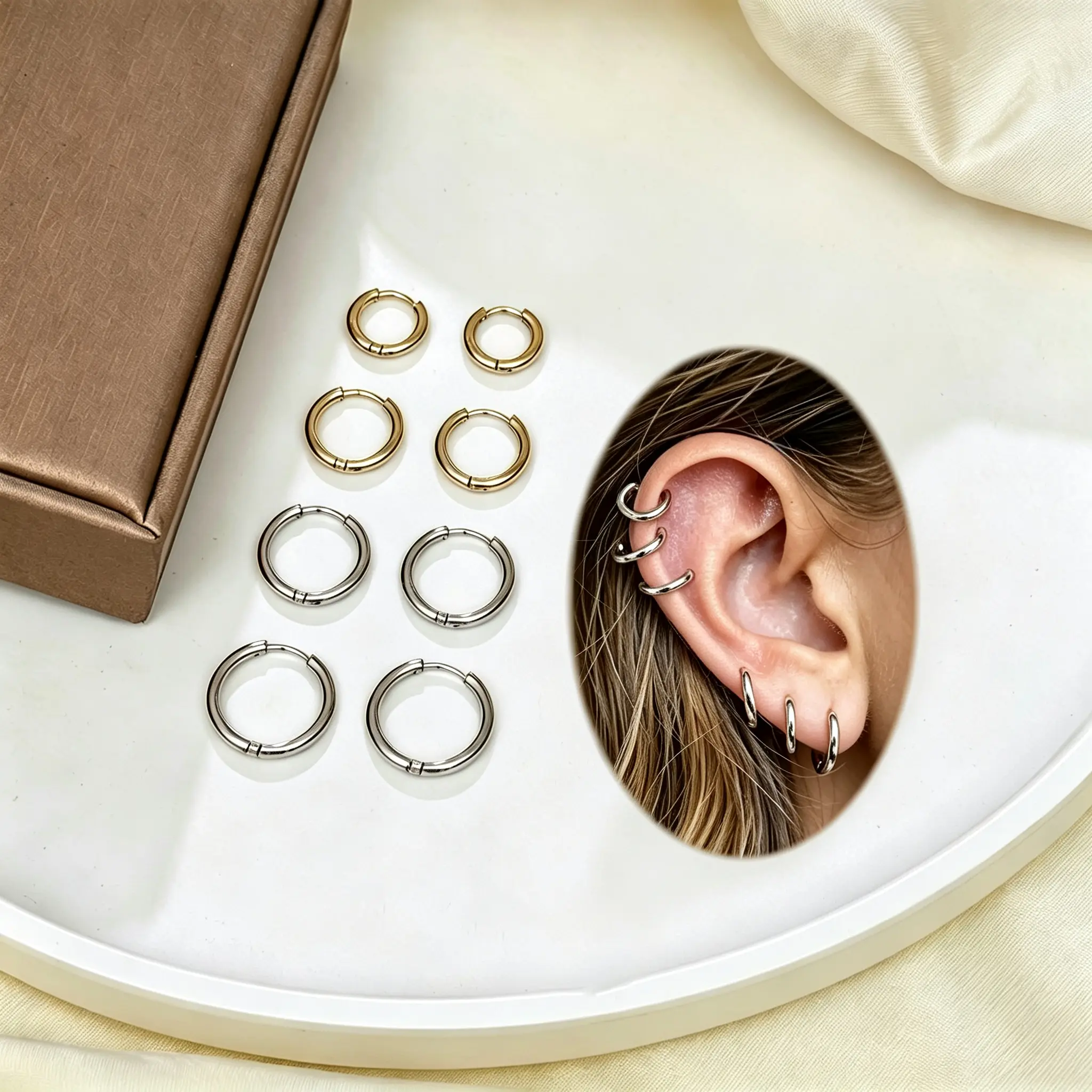4 Pairs Gold Plated Huggie Hoop Earrings Set, 8mm 10mm 12mm 14mm Mini Cartilage Helix Hoops, Hypoallergenic Lightweight Stackable Earrings For Sensitive Ears Women Men