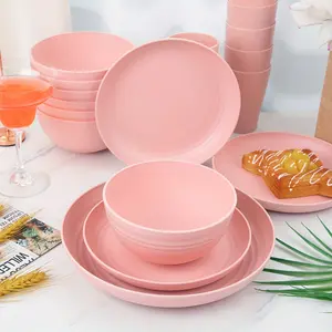 32count Pink Wheat Straw Dinnerware Sets, Pink Dishes for 8, Plates and Bowls Sets, Reusable Plastic Plates, Microwave Dishwasher Safe Plates, Pink Plastic Dinnerware Set, Pink Plastic Plates