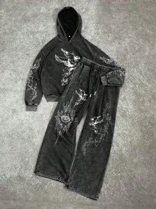 Neutral Vintage Washed Sportswear Set, Gothic Eye & Bird Print Hoodie with Wide Leg Pants, Dark Street Style, Streetwear Tracksuit Set