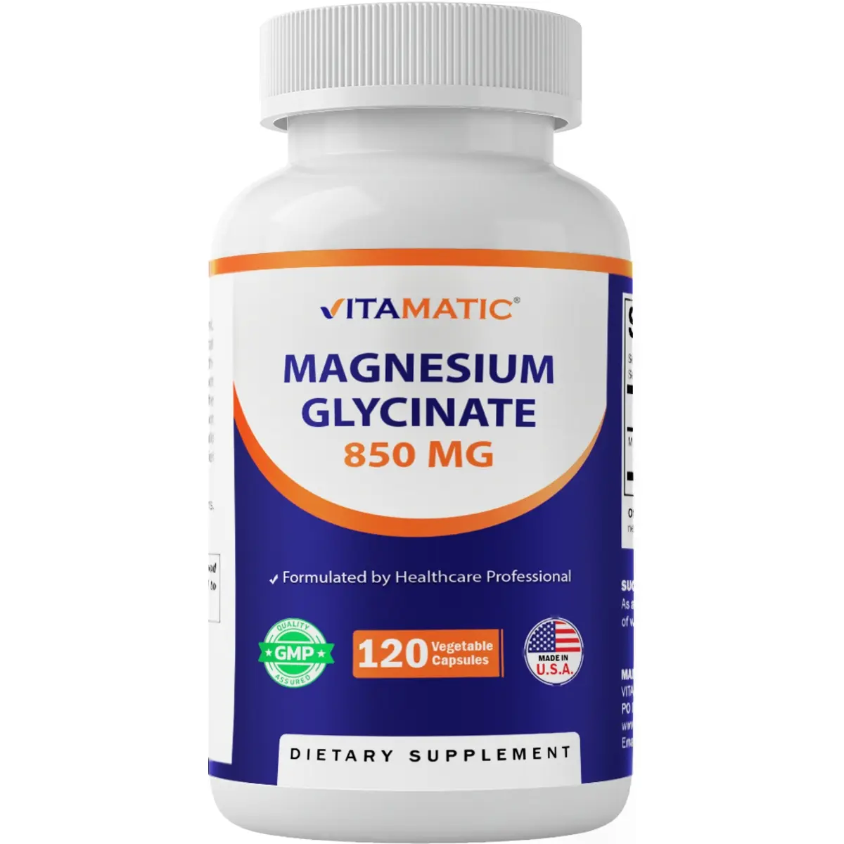 Vitamatic Magnesium Glycinate 850mg High Potency Vegetable Capsules - 120 Count, 100mg Elemental Magnesium, Non-GMO, GMP Certified, Made in USA, Healthcare Support - Muscle, Nerve, Bone & Heart Help