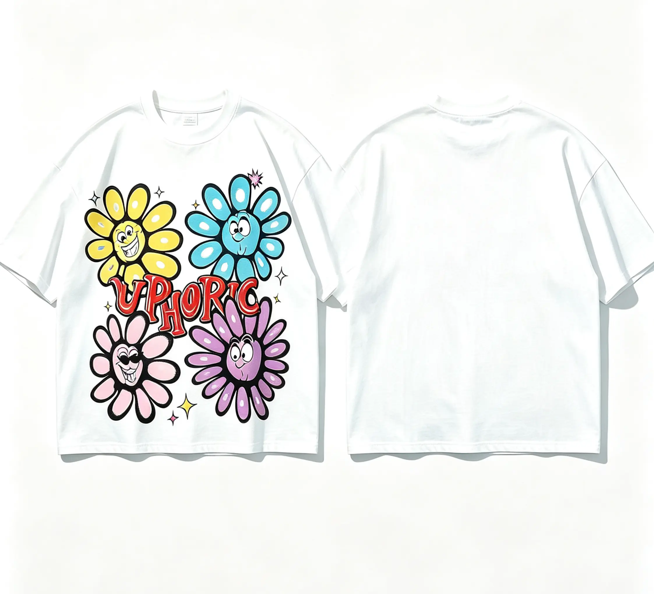 Euphoric Expression Tee，Y2K Retro Cartoon Flower Oversized T-Shirt，Harajuku Streetwear Unisex Graphic Cotton Tee "UPHORIC"