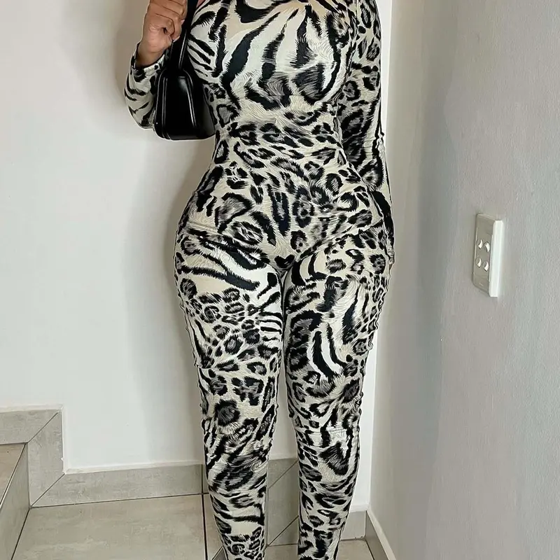 DOUCIU Trendy Personality Street Hip-Hop Versatile Casual Tight Sexy Hot Cool Women'S Thin Printed Long-Sleeved Jumpsuit Party Costume Costume For Parties