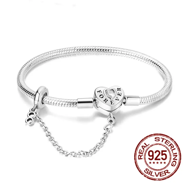 MULA Silver-Plated Charm Bracelet for Women, Classic Snake Chain with 'Forever' Heart & Infinity Symbol Pendants, Pandora Compatible Jewelry Gift, Bracelets, Charm Bracelets