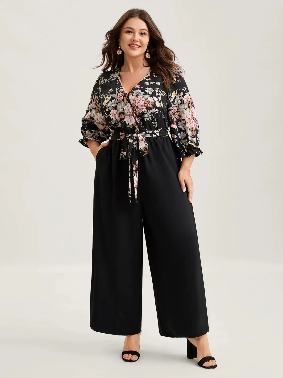 Bloomchic #179 Floral Contrast Belted Wide-Leg Jumpsuit
