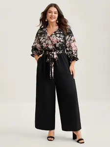 Bloomchic #179 Floral Contrast Belted Wide-Leg Jumpsuit