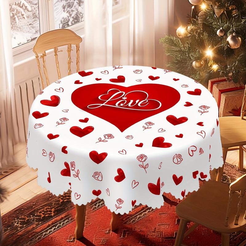 Valentine's Day Tablecloth Set Romantic Heart & Rose Pattern Embossed Edge 100% Polyester Machine-Woven Round & Square Covers for Home Kitchen Patio Solid Color Love Theme Decor