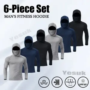 Men's 6-Piece Slim Fit Hoodie Pullovers Set |   UPF Sun Protection |   Lightweight Breathable Long Sleeve Tops |   Versatile Casual Wear |   Blue/Black/Light Gray