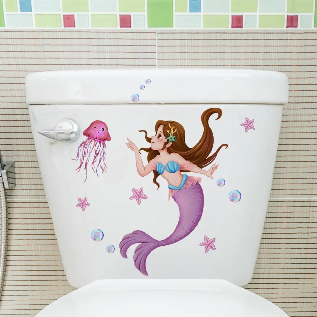 A mermaid, jellyfish, starfish and bubble toilet sticker, bathroom sticker, home decoration sticker, Bathroom Accessories