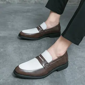 GGOR Men's Shoes Convenient Oversized 38-48 Pointed-toe Casual Shoes, British-style Formal Business Loafers, White and Brown Contrasting Color Design, Suitable for Various Scenarios Such as Daily Outings, Business Offices, and Casual Wear