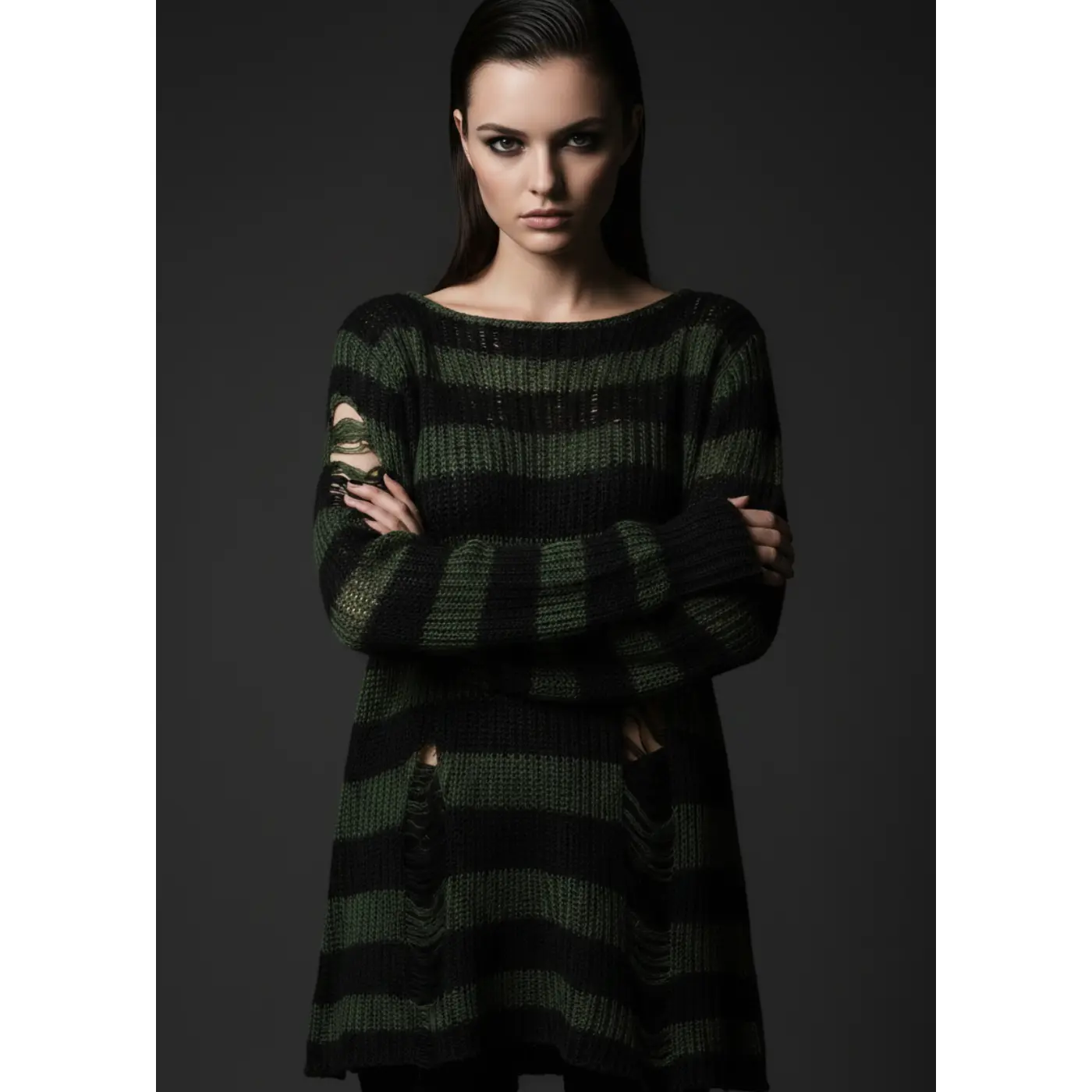 Black and Green Striped Oversized Distressed Knit Sweater