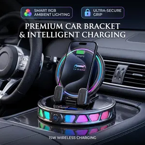 360° Rotating Wireless Charging Car Phone Mount with RGB Ambient Light – Ultra-Stable Vacuum Suction & Auto-Lock Holder for Dashboard & Windshield, Fits iPhone & Android