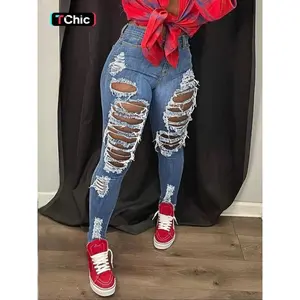 ��Plus Size�� Solid Ripped High Waist Skinny Jeans, Casual Comfy Button Fly Pocket Design Denim Pants for Daily Wear, Women's Bottoms for All Seasons��gift�� Womenswear Trouser