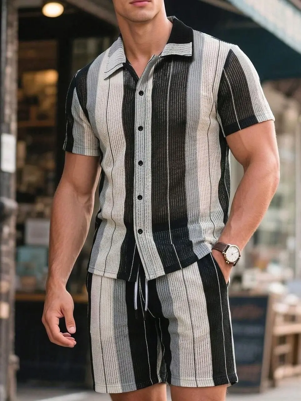 Men's 2 piece sets - Mens Striped Knit Shirt & Shorts Set, Vintage Button Up Resort Wear, Casual Summer Streetwear Outfit men shorts summer clothing trending clothing trending clothes male clothing shorts for the summer men 2 piece sets vacation outfits