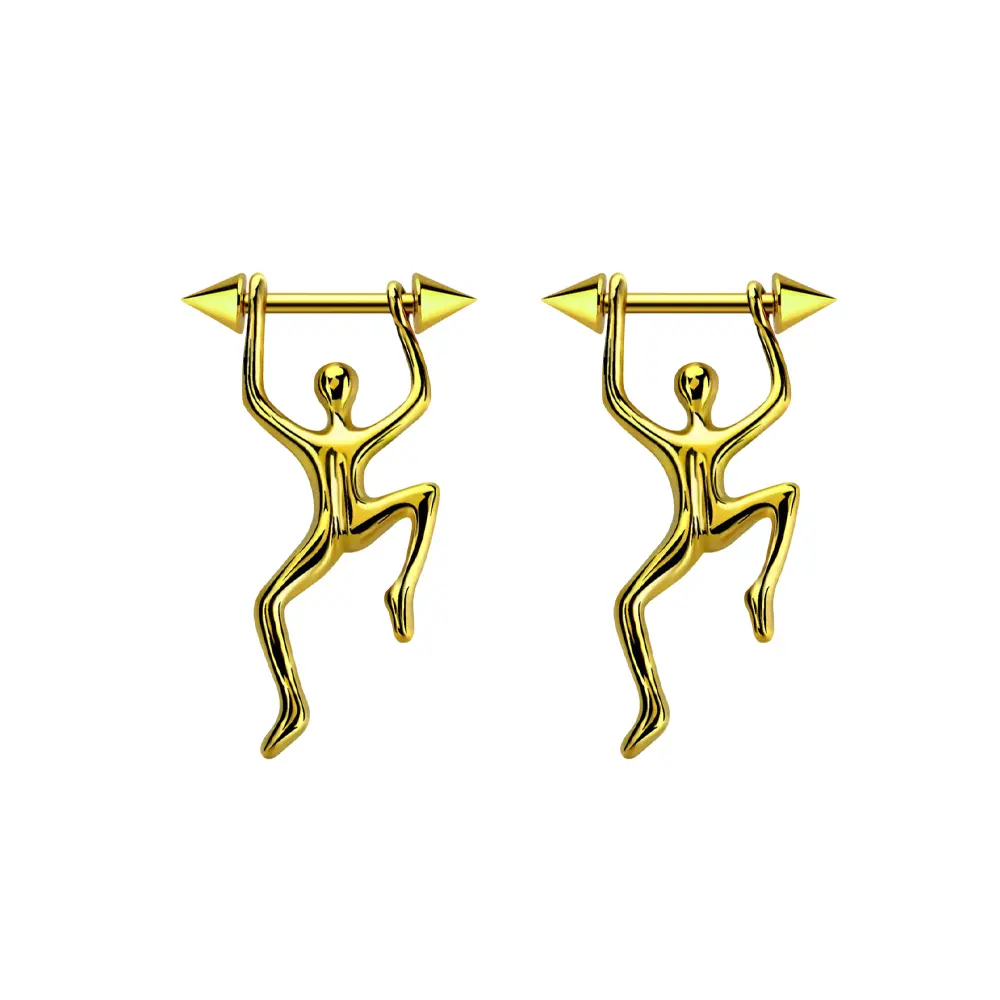 14G Surgical Steel PVD Gold Nipple Barbell Climbing Figure Piercing Jewelry