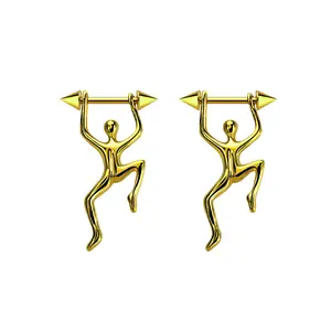 14G Surgical Steel PVD Gold Nipple Barbell Climbing Figure Piercing Jewelry