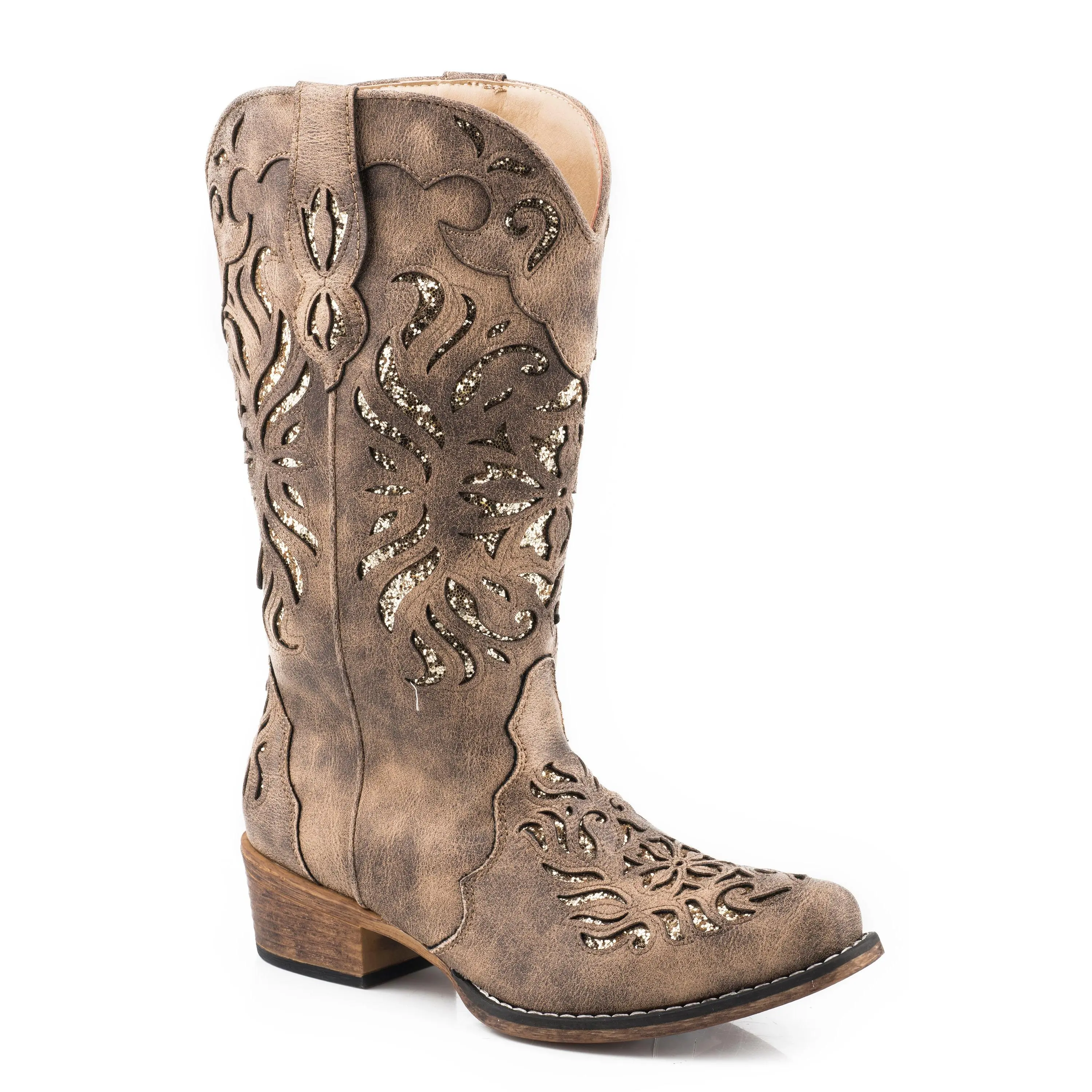Women's Roper Tan Snip Toe Boot w/ Decorative Glitter Underlay