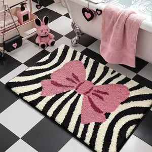 1PC Zebra Pattern Bow Bath Mat, Sweet and Cool Non-Slip Absorbent Quick-Dry Rug, Machine Washable, Easy Clean, Festive Decor, Home Decoration Pad