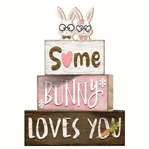 4 Pcs Easter Table Decor, Bunny Couple Happy Easter Tiered Tray Decorations, Set Spring Bunny Rustic, Farmhouse Wooden Stack Block Signs, Party Tabletop Centerpiece for Home Office Mantel Shelf