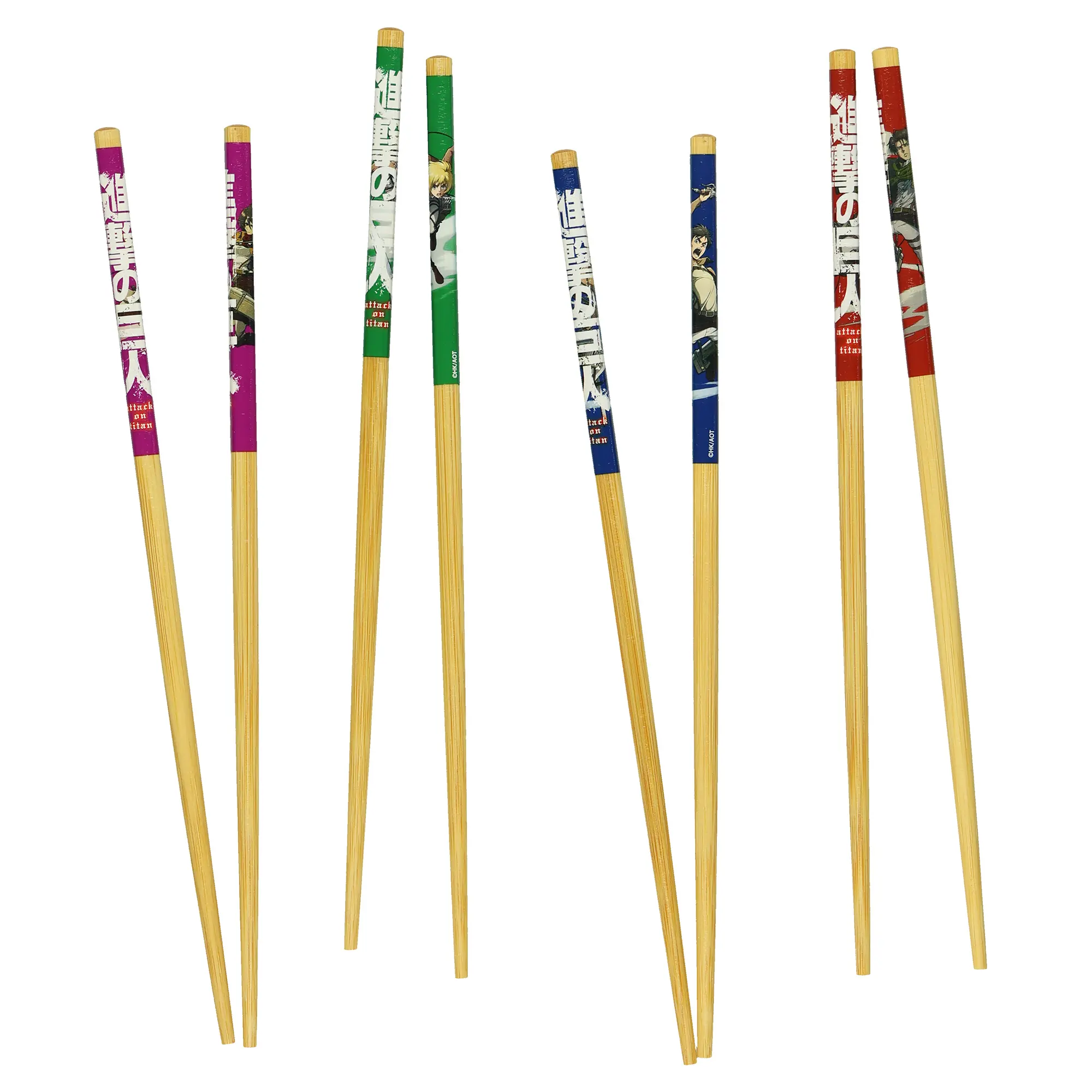 Attack on Titan Chopsticks 4-Pair Mikasa, Eren, Levi, Armin Character Designs 9.5" Reusable Utensil Set