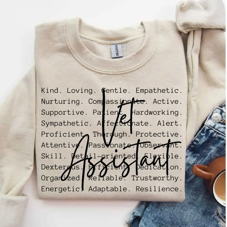 Vet Assistant words T-Shirt / Sweatshirt & Hoodie , Veterinary Assistant , Vet Assistant Cotton Fabric Fit Crewneck Bottom