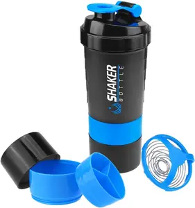 Protein Shaker Bottle - Sports Water Bottle - Non Slip 3 Layer Twist Off 3oz Cups with Pill Tray - Leak Proof Shake Bottle Mixer- Protein Powder 22 oz Shake Cup with Storage