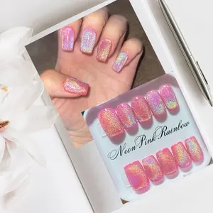 Holographic Rainbow Cateye Neon Pink Handmade Acrylic Press On Nails 10 PCS Customizable with Various Sizes and Shapes, Shimmery Finish