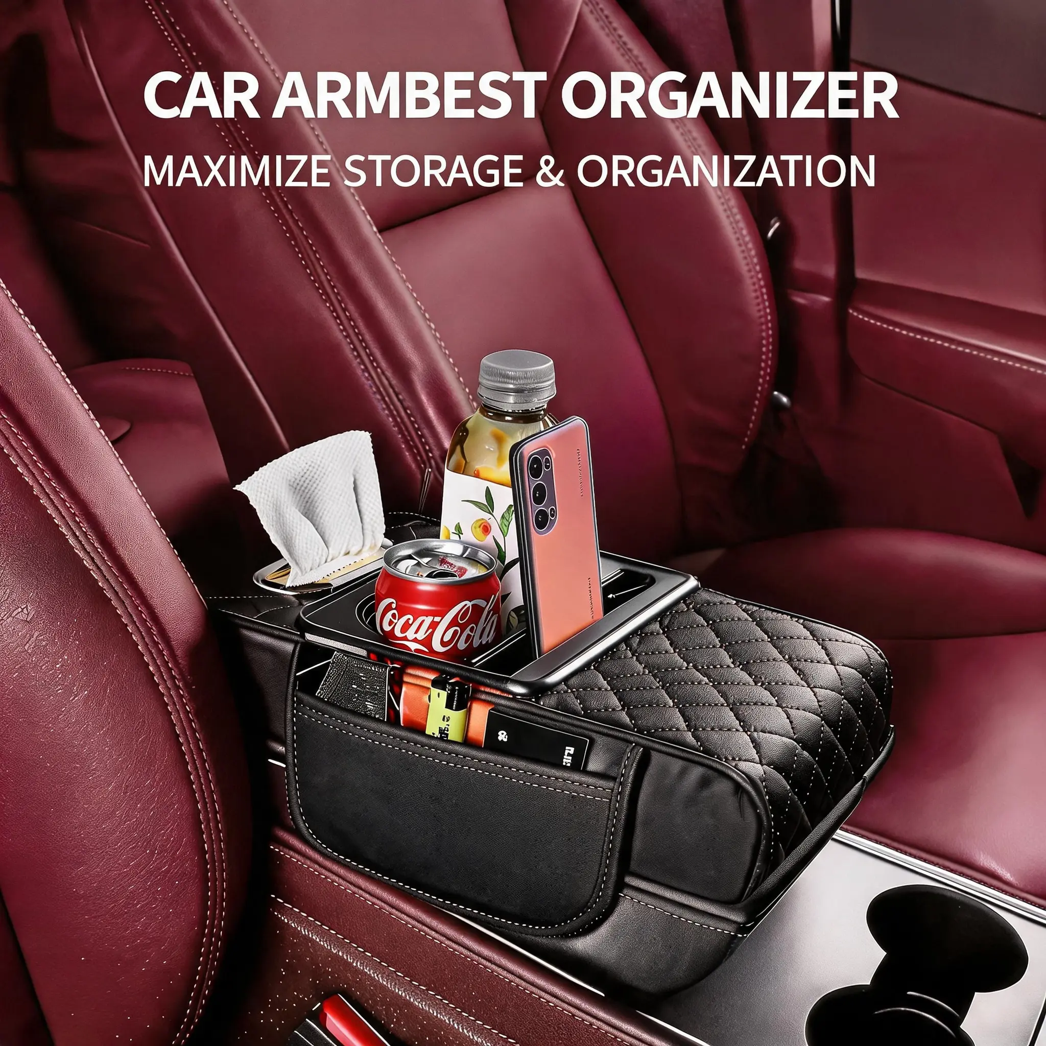 Car Armrest Cushion 5-in-1 Suitable Automotive Stowing & Tidying for SUVs & Sedans for Cup Holder, Car Storage Bag, Tissue Box & Phone Slot & Cards, Interior Storage and Organization Accessory, Car Console Organizer
