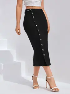 JUNBAOSS Women's Casual Stretch Mid Rise Long Denim Skirt with Buttons, Slim Fit, Hipster Streetwear, Comfortable Cotton Fabric, Durable Material, 2 Pockets, Perfect for All Day Wear