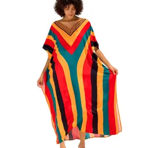 Women's Boho Kaftan Dress, Summer Clothes, Ethnic Print Casual Loose Fit Oversized Maxi Dress for Beach Holiday Vacation, Ladies Summer Clothes, Women's Clothing, Womenswear, Swimsuit Cover Up, Mumu Bubu Caftan Dresses for Party - Geometric Stripe