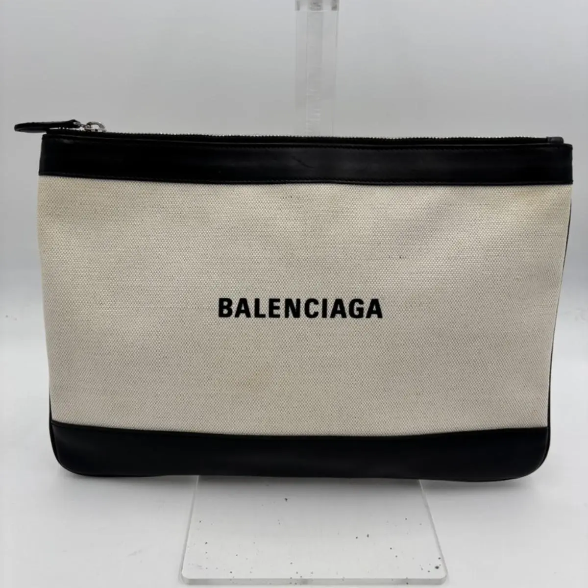 Pre-owned Balenciaga As Shown Shoulder Bags Off White Canvas & Black Leather Navy Clip Medium Pouch AL089