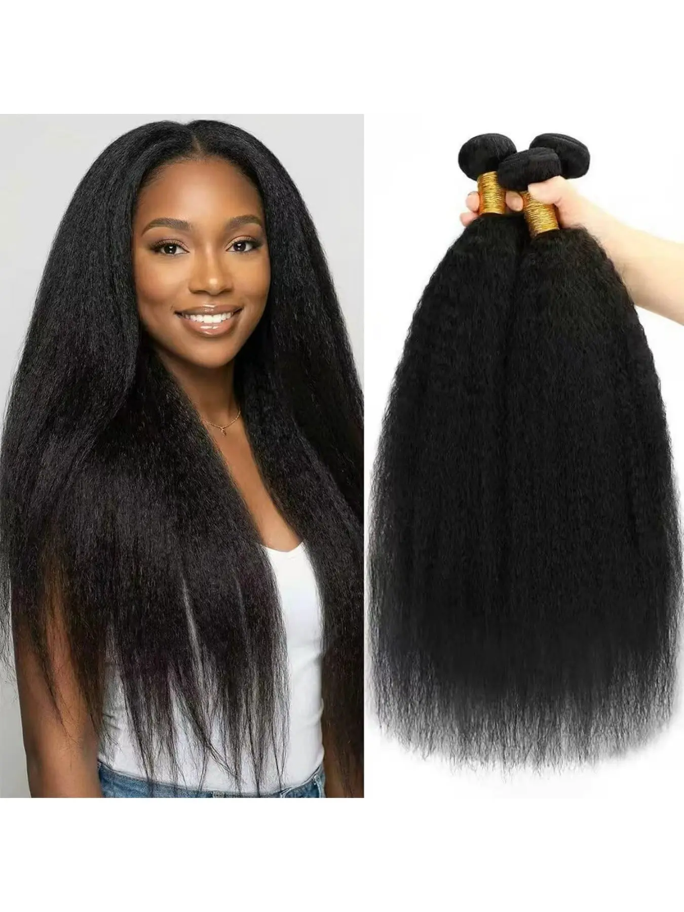 Kinky Straight Bundles Human Hair Pieces Yaki Straight Bundles -4 Pack Real Human Hair 100% Unprocessed Brazilian Hair Extensions Deals Black For Black Women Natural Black Color