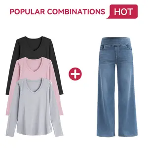 SHOWITTY 3 Pack Long Sleeve Shirts & 1 Pack Wide Leg Jeans for Women