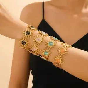 Vintage Gold Sun Pattern Wide Cuff Bracelet for Women Colorful Enamel Spiral Open Bangle Bohemian Boho Statement Arm Cuff Jewelry Gift