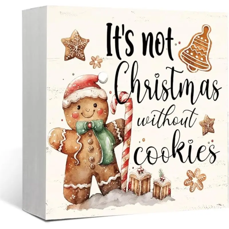 Christmas Gingerbread Wooden Box Sign Decor, Winter Christmas Gingerbread Decorations Wood Block Signs, Retro Winter Xmas Holiday Wood Sign for Home Bedroom Kitchen Desk Shelf Wall Decor ,5x5 inch