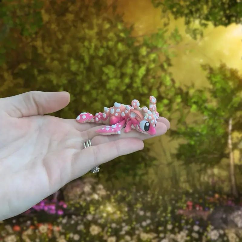Pink Mushroom Mini Dragon– 3D Printed Articulated Dragon Toy - Pocket Sized Fantasy Creature - Cottagecore Fairycore Desk Pet - Anxiety Toy
