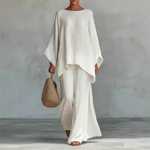Women's 2-Piece Minimalist Casual Basic Longsleeves Round Neck Loose Linen Blended Shirt & Wide Leg Pants Set, Plus Size Option
