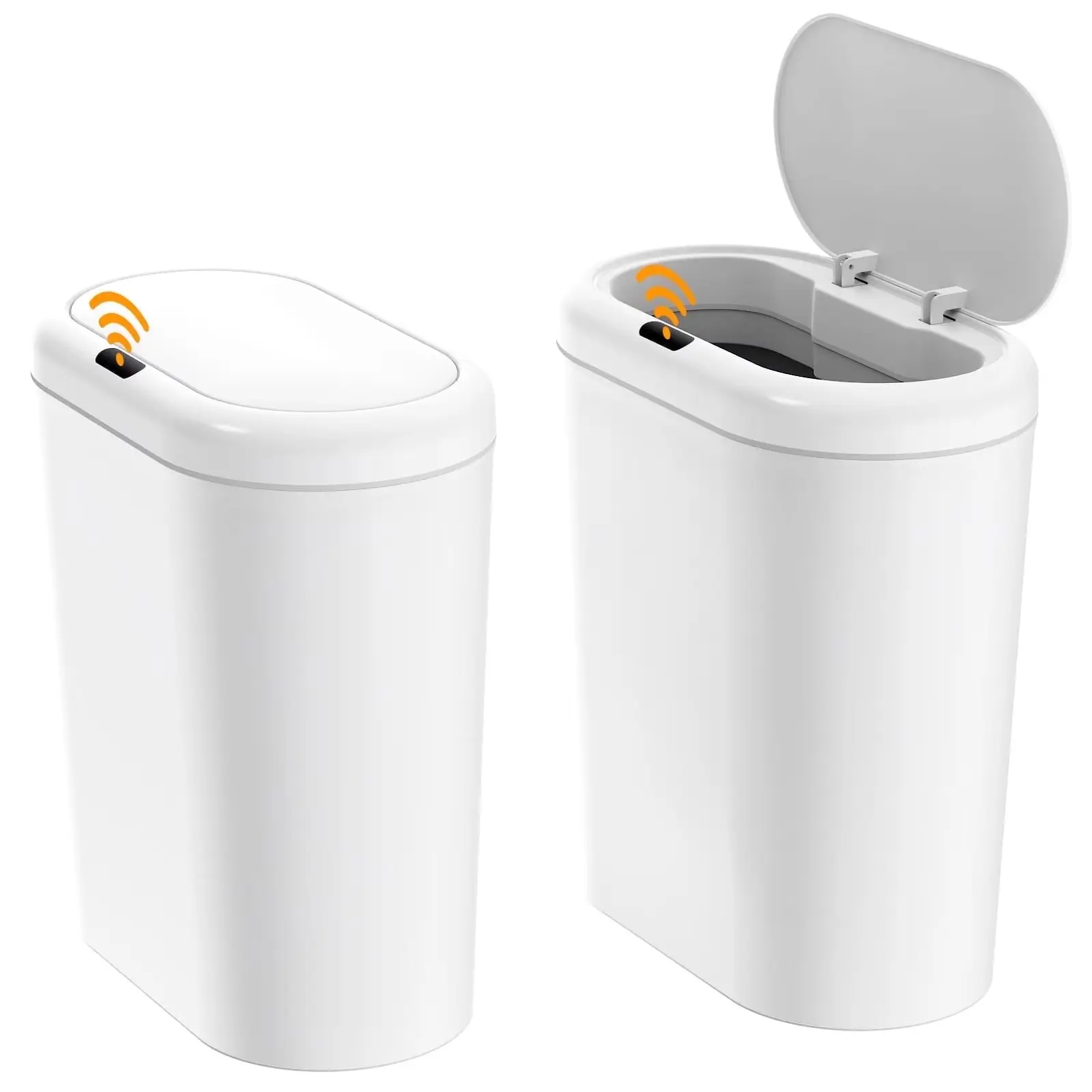 2-Pack Automatic Sensor Trash Cans with Lids, 3.3 Gal Plastic Touchless Waterproof Slimline Bins for Bathroom, Bedroom, Home Office (White)