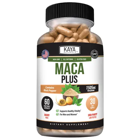 Kaya Naturals Maca Root Edible Herbal Capsules - Non-GMO Botanical Dietary Supplement, Natural Healthcare Root Extract Supplement for Energy Boost, Vitality Support